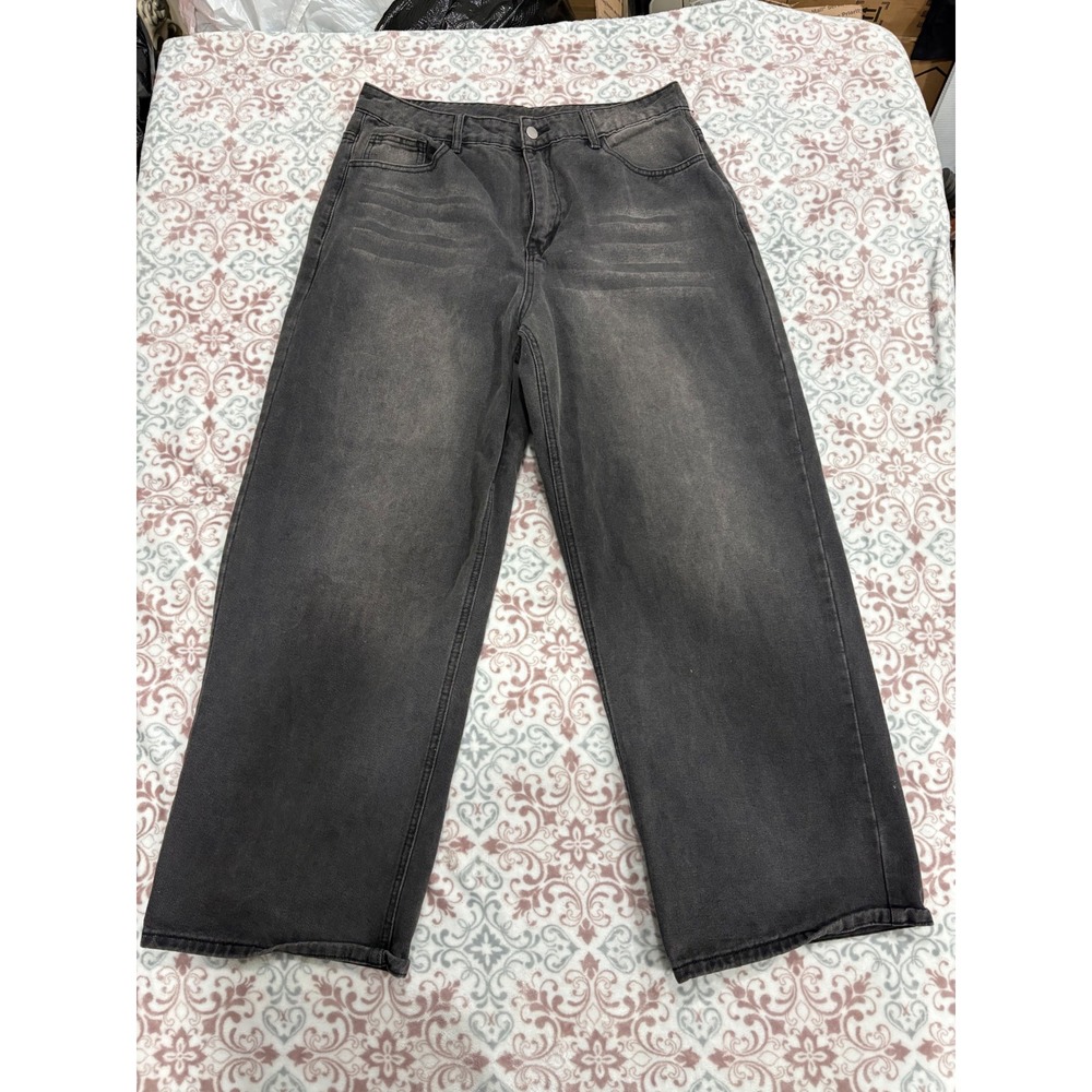 Manfinity Mens Wide Leg Jeans Faded Black Denim Streetwear Size L Relaxed Fit